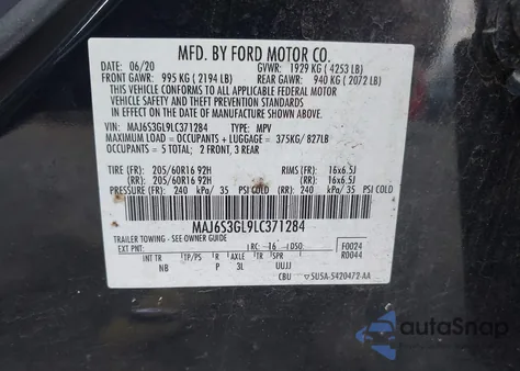 2020 Ford Ecosport Se z USA, uszkodzony, nr VIN MAJ6S3GL9LC371284
